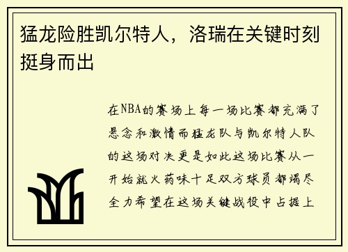 猛龙险胜凯尔特人，洛瑞在关键时刻挺身而出