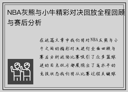 NBA灰熊与小牛精彩对决回放全程回顾与赛后分析